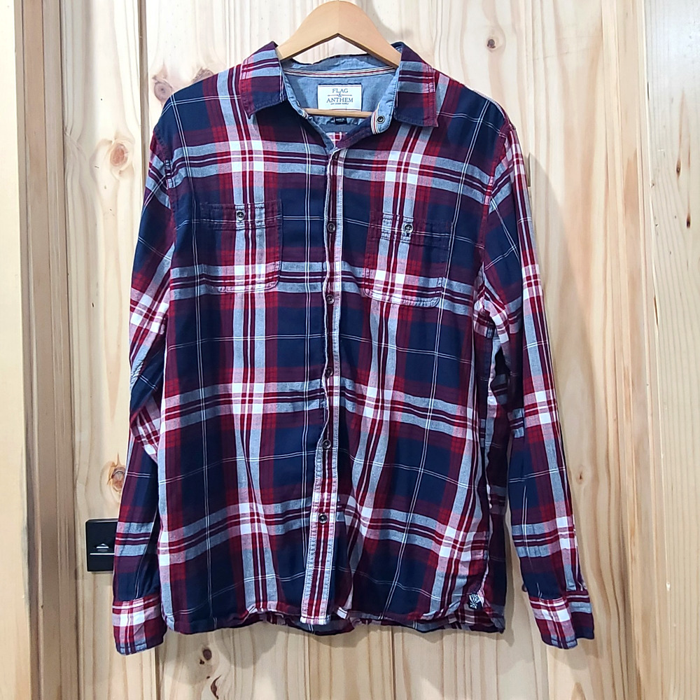Flag & Anthem Blue Red Flannel Button Up Lightweight Casual Shirt Size XL